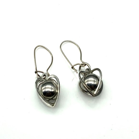 Caged Bead Dangle Earrings, Silver Tone Teardrop Wire - Picture 2 of 4